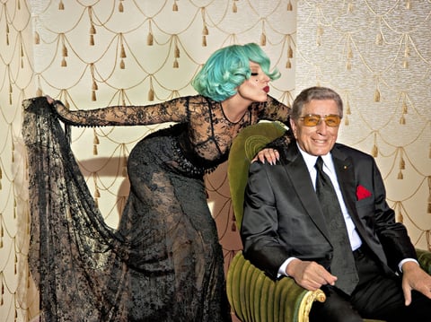Lady Gaga and Tony Bennett at their recording session of "Lady Is A Tramp" to be included on Bennett's forthcoming DUETS II CD, photographed by Tony Bennett's granddaughter, Kelsey Bennett. 